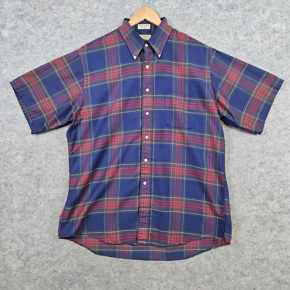 LL Bean‎ Men's Blue & Red Plaid Button Down Shirt Size XL 17-34 Short Sleeves